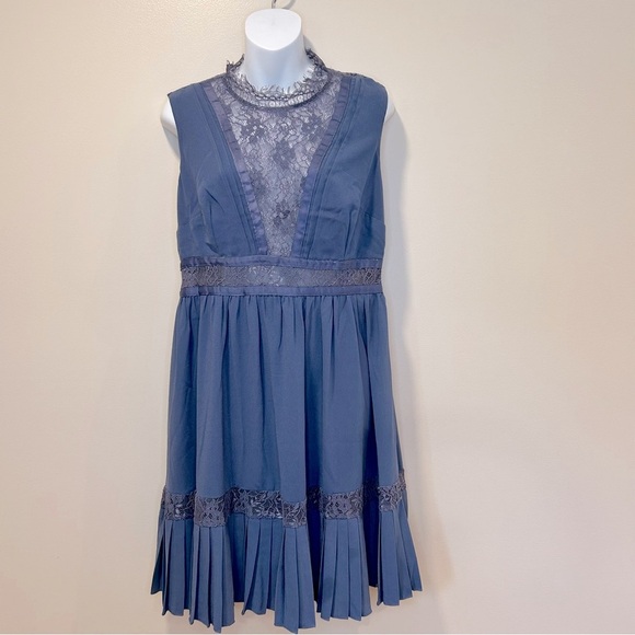 Little Mistress Blue Lace Ribbon Pleated Sleeveless Dress Size 10 - Picture 1 of 9